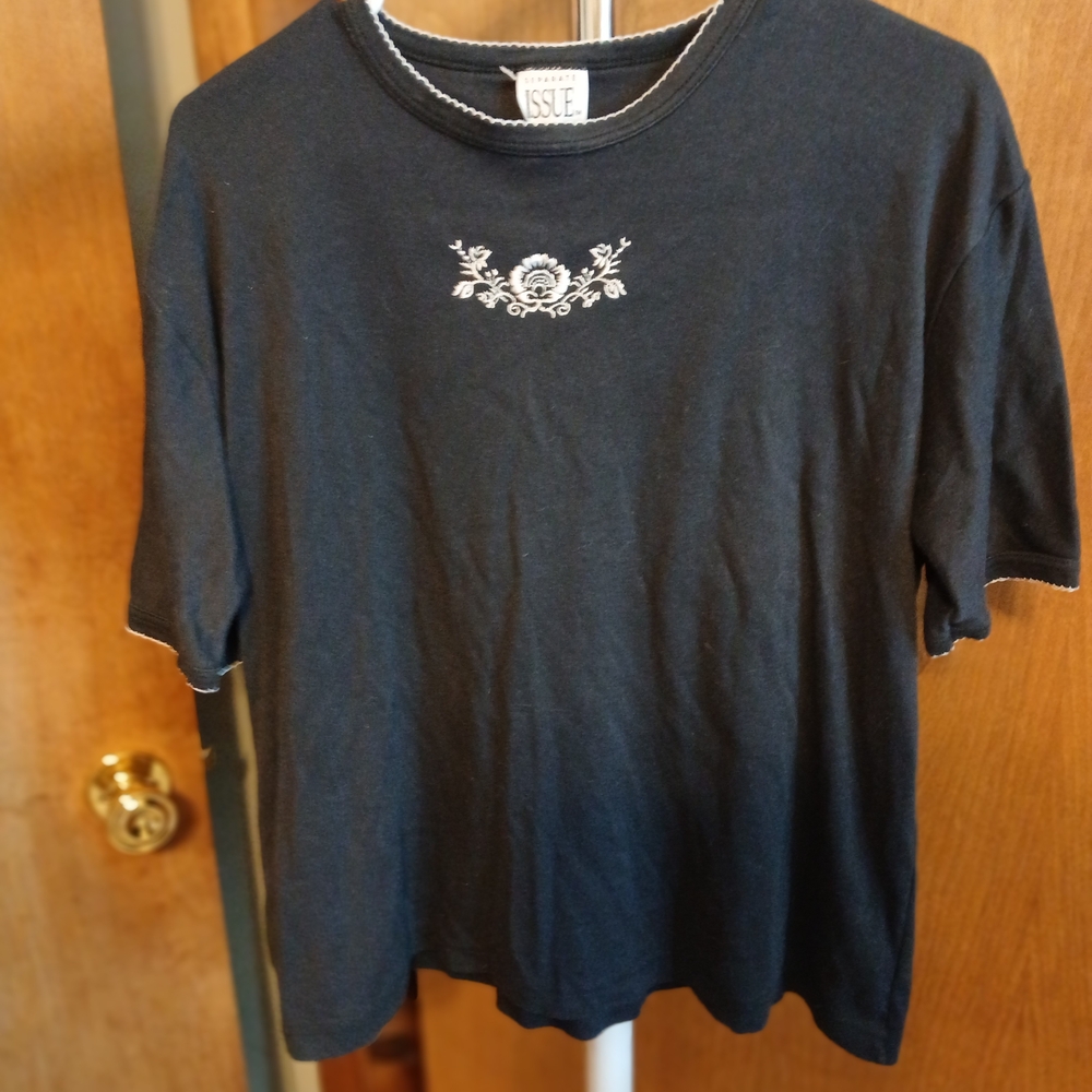 Black T-Shirt with White Floral Embroidery